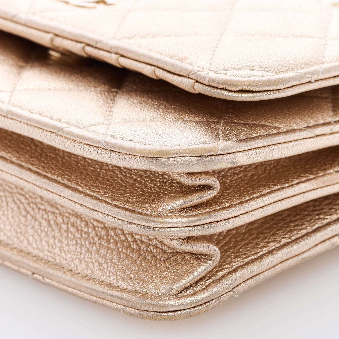 Metallic Lambskin Quilted Mini Wallet On Chain WOC Gold