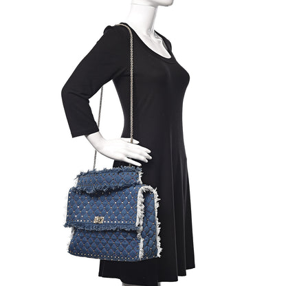 Valentino Garavani Denim Fringe Maxi Rockstud Spike Shoulder Bag Blue 2 of 10