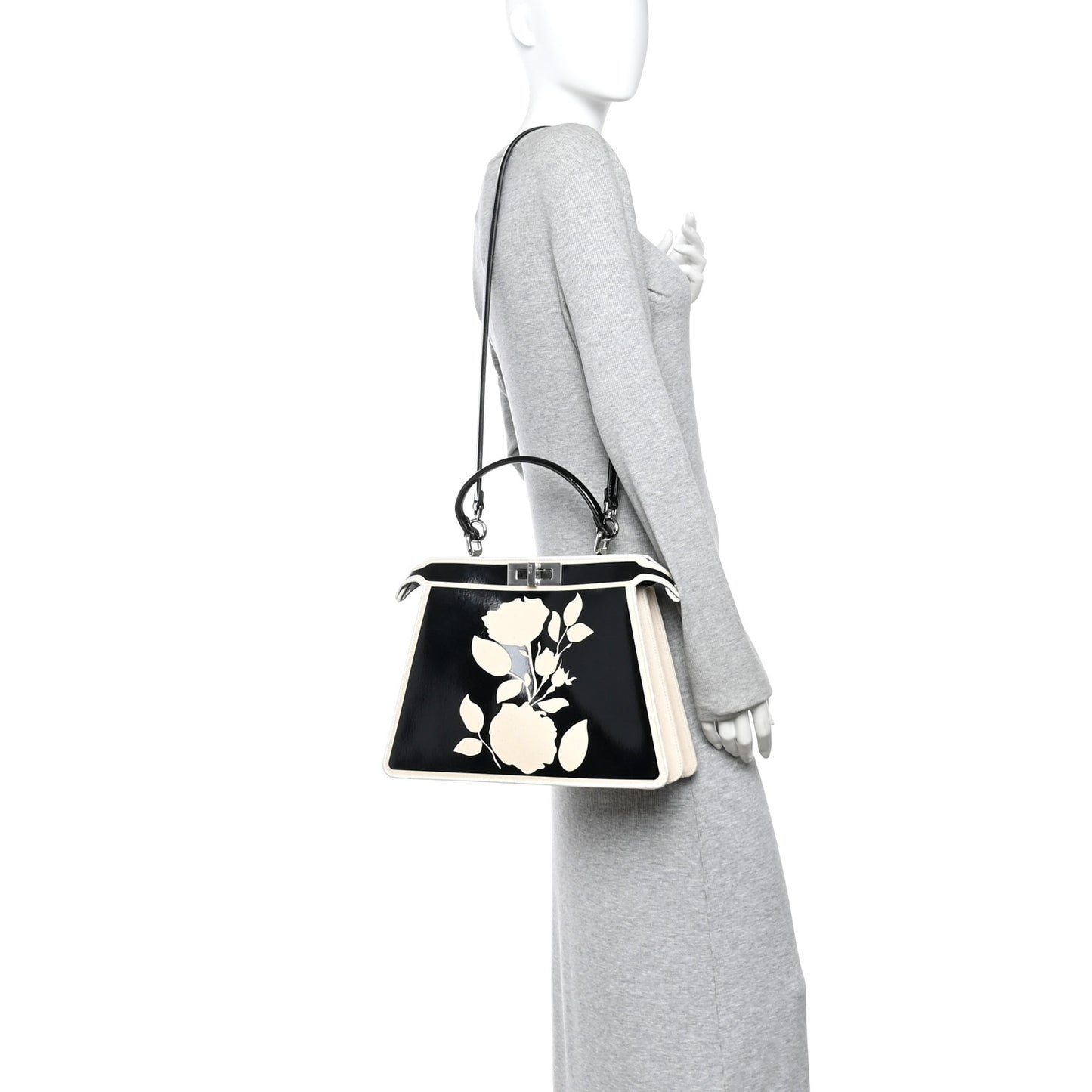 Canvas Spalmato Vernice Roses Medium Peekaboo I SEE U Satchel Black Grezzo