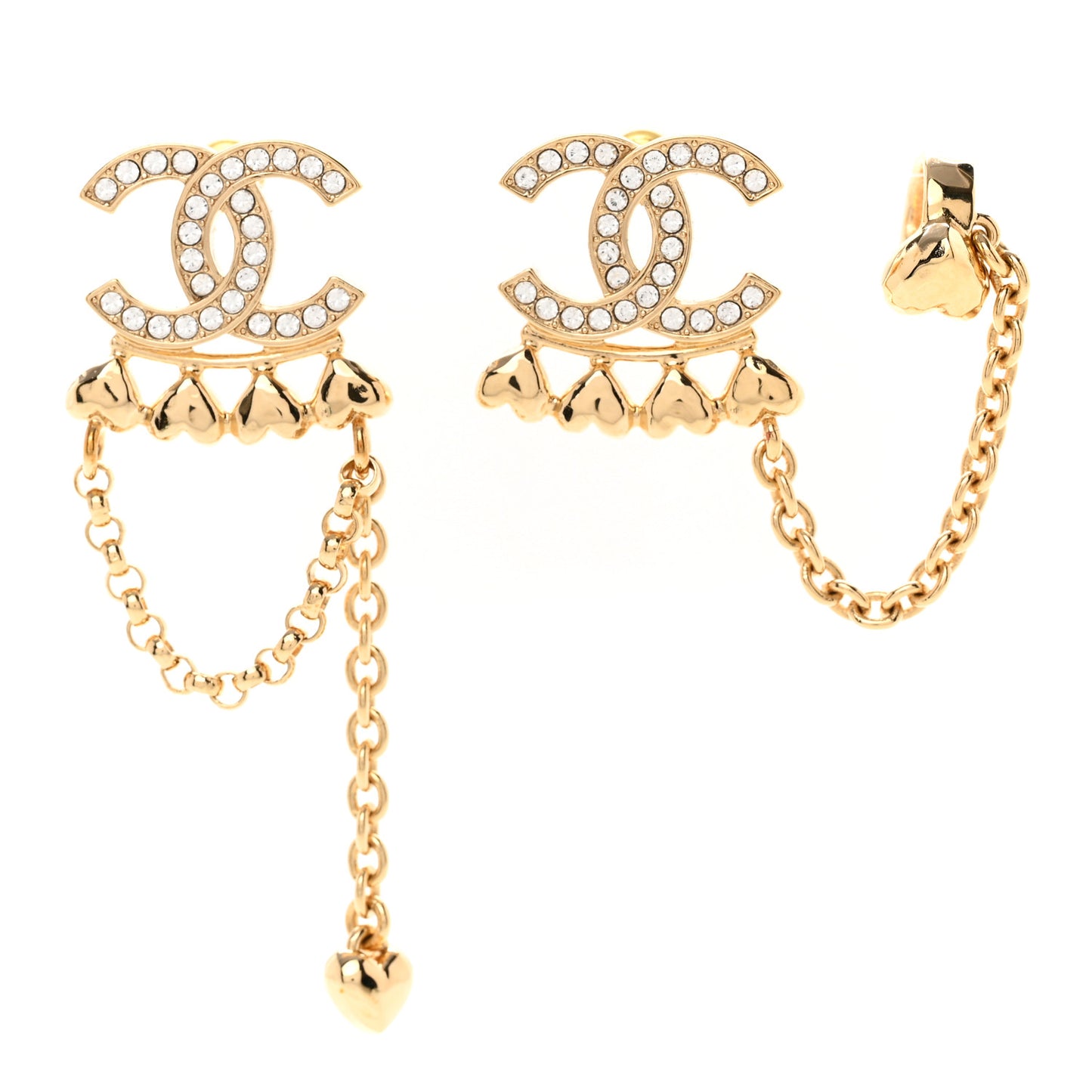 Metal Crystal CC Drop Heart Link Earrings Gold