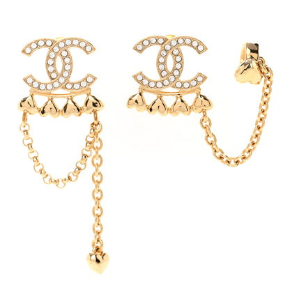 Chanel Metal Crystal CC Drop Heart Link Earrings Gold 1 of 5