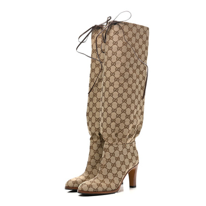 Gucci Monogram Malaga Kid Lisa Mid Heel Boots 36.5 Beige Ebony 3 of 10