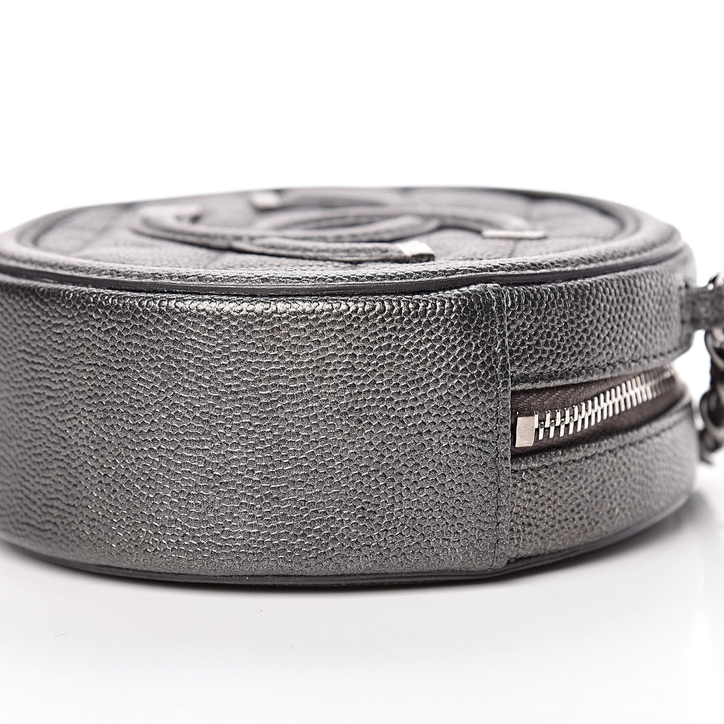 Metallic Caviar Quilted Round Filigree Crossbody Dark Silver