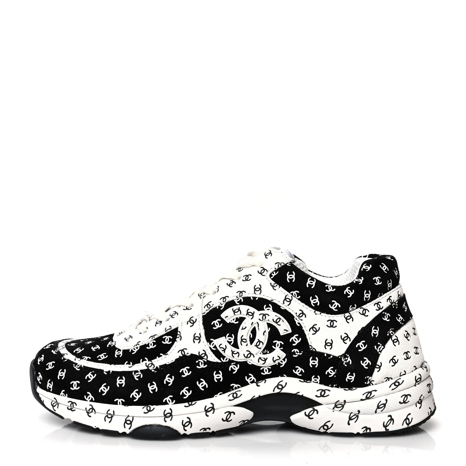 Chanel Nylon Suede Calfskin Printed CC Sneakers 40.5 White Black 1 of 7