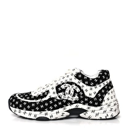 Chanel Nylon Suede Calfskin Printed CC Sneakers 40.5 White Black 1 of 7