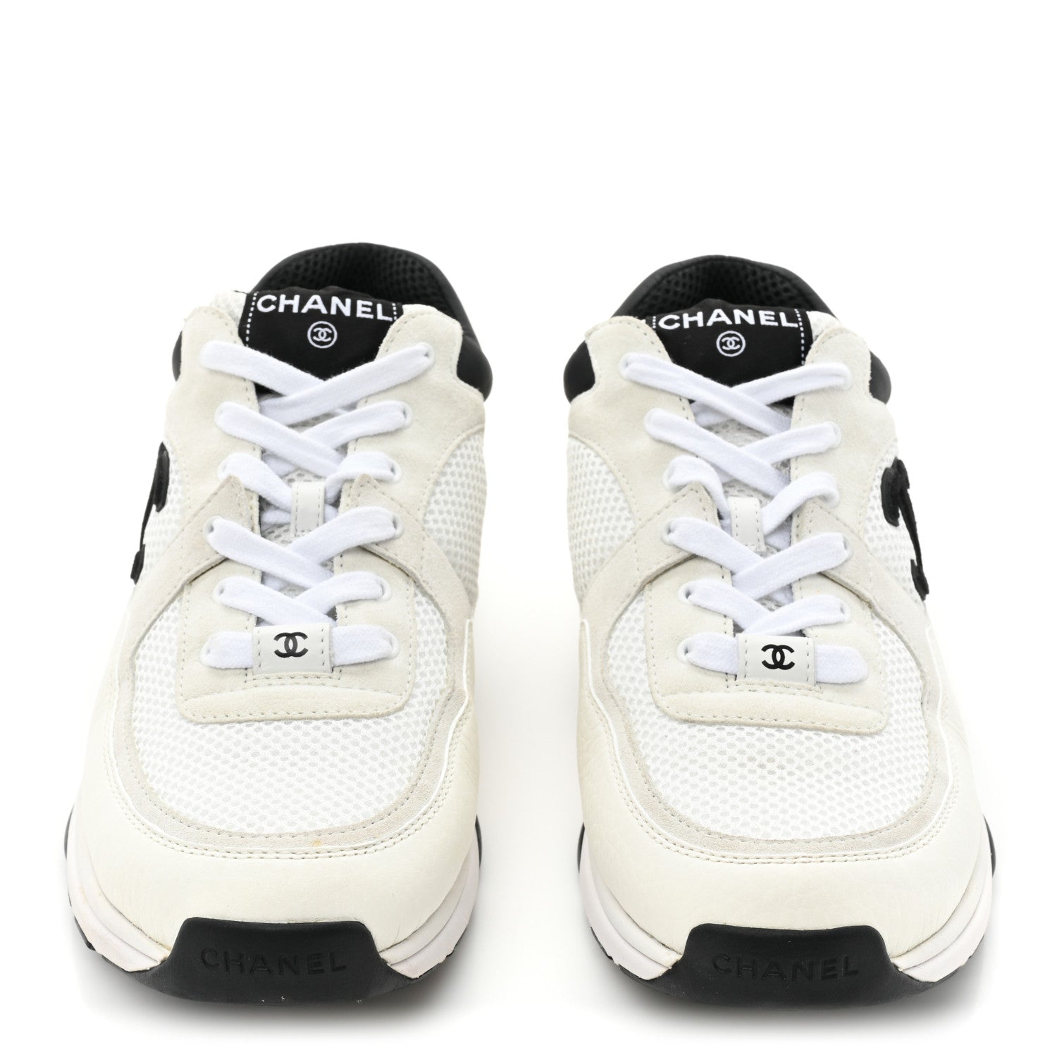 Chanel Mesh Suede Calfskin Grained Calfskin Womens CC Sneakers 41 White Black 2 of 8