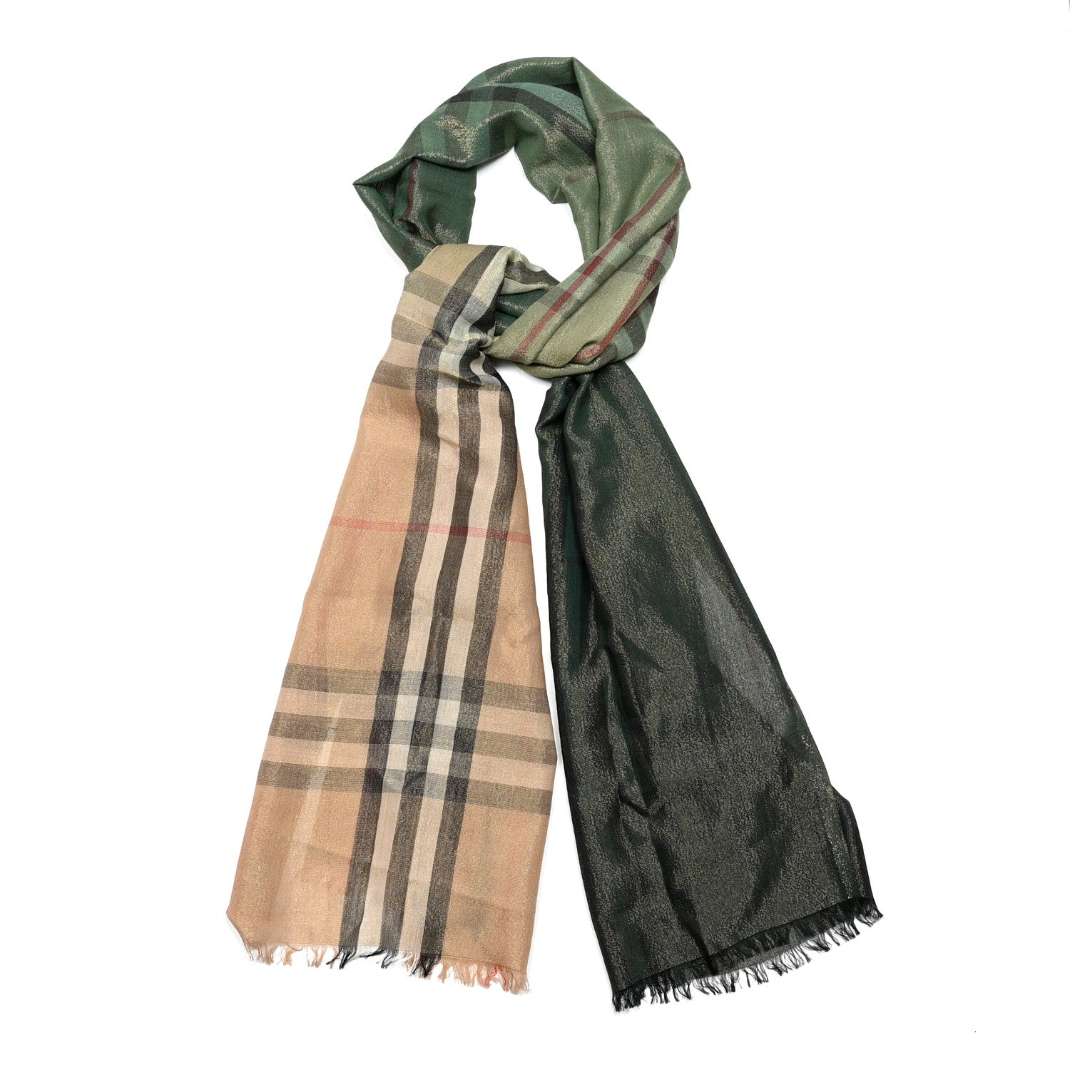 Burberry Metallic Wool Silk Vintage Check Scarf Beige Green 1 of 4
