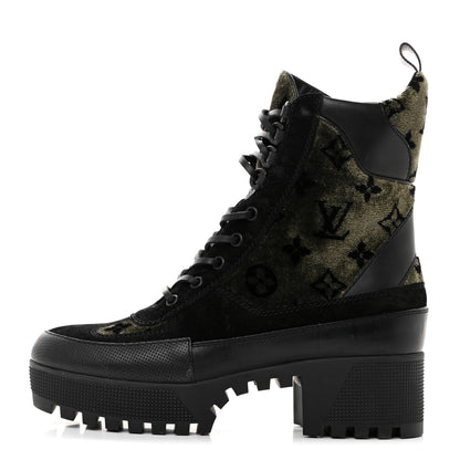 Louis Vuitton Velvet Calfskin Monogram Laureate Platform Desert Boots 37 Black Green 1 of 9