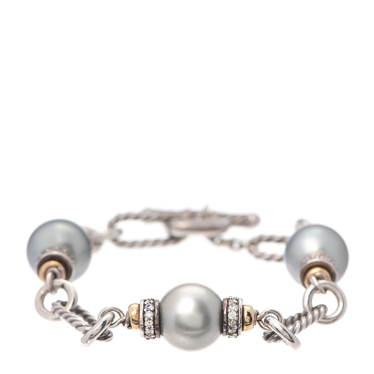 Sterling Silver 18K Yellow Gold Diamond Tahitian Pearl 11.5mm Figaro Bracelet