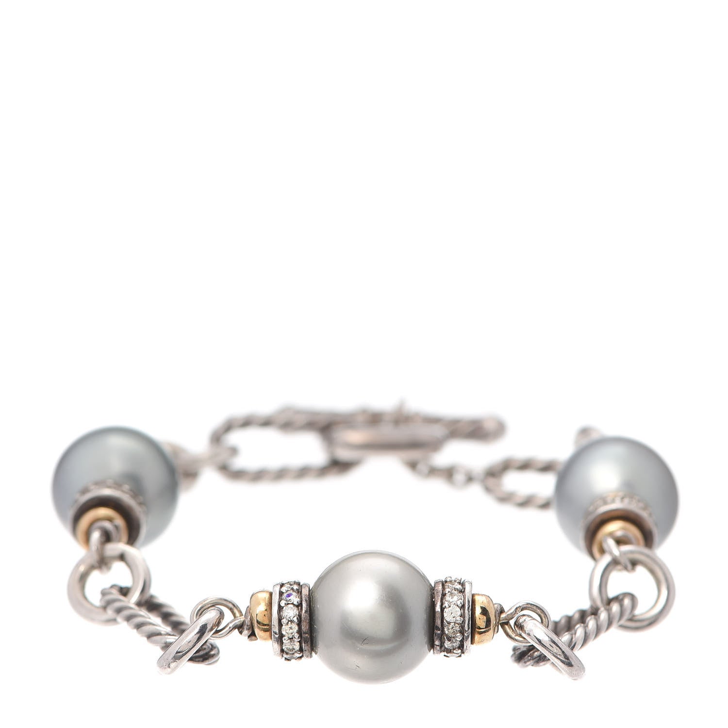 David Yurman Sterling Silver 18K Yellow Gold Diamond Tahitian Pearl 11.5mm Figaro Bracelet 1 of 4