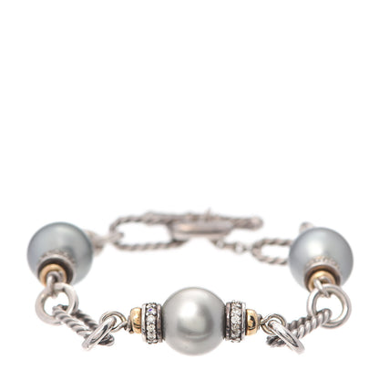 David Yurman Sterling Silver 18K Yellow Gold Diamond Tahitian Pearl 11.5mm Figaro Bracelet 1 of 4