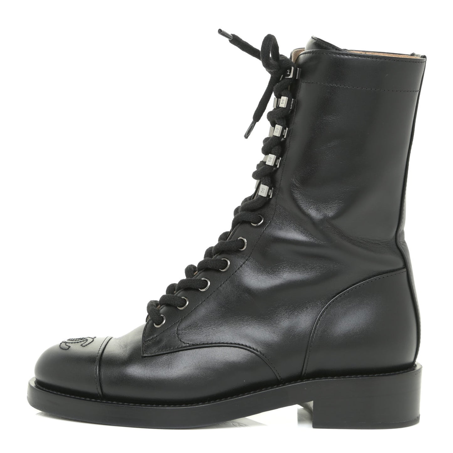 Calfskin Lace Up Combat Boots 37 Black