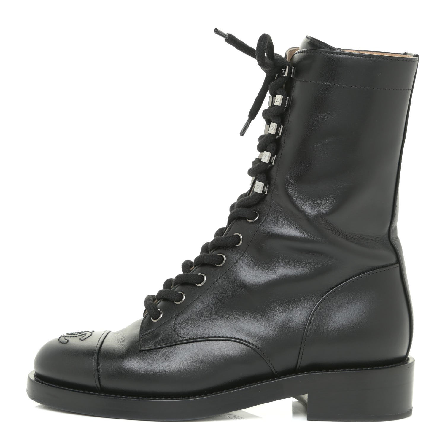 Chanel Calfskin Lace Up Combat Boots 37 Black 1 of 13