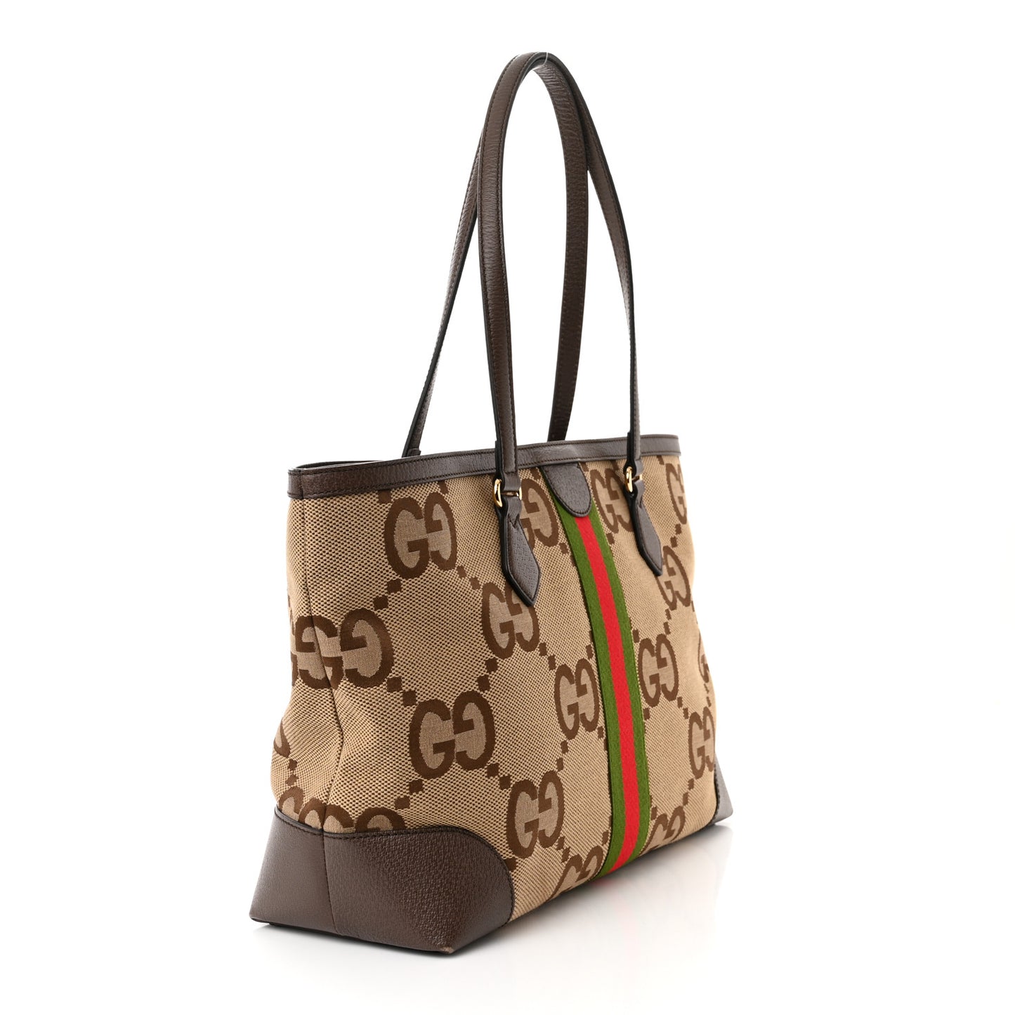 Monogram Jumbo GG Textured Dollar Calfskin Web Medium Ophidia Shopping Tote Camel Ebony