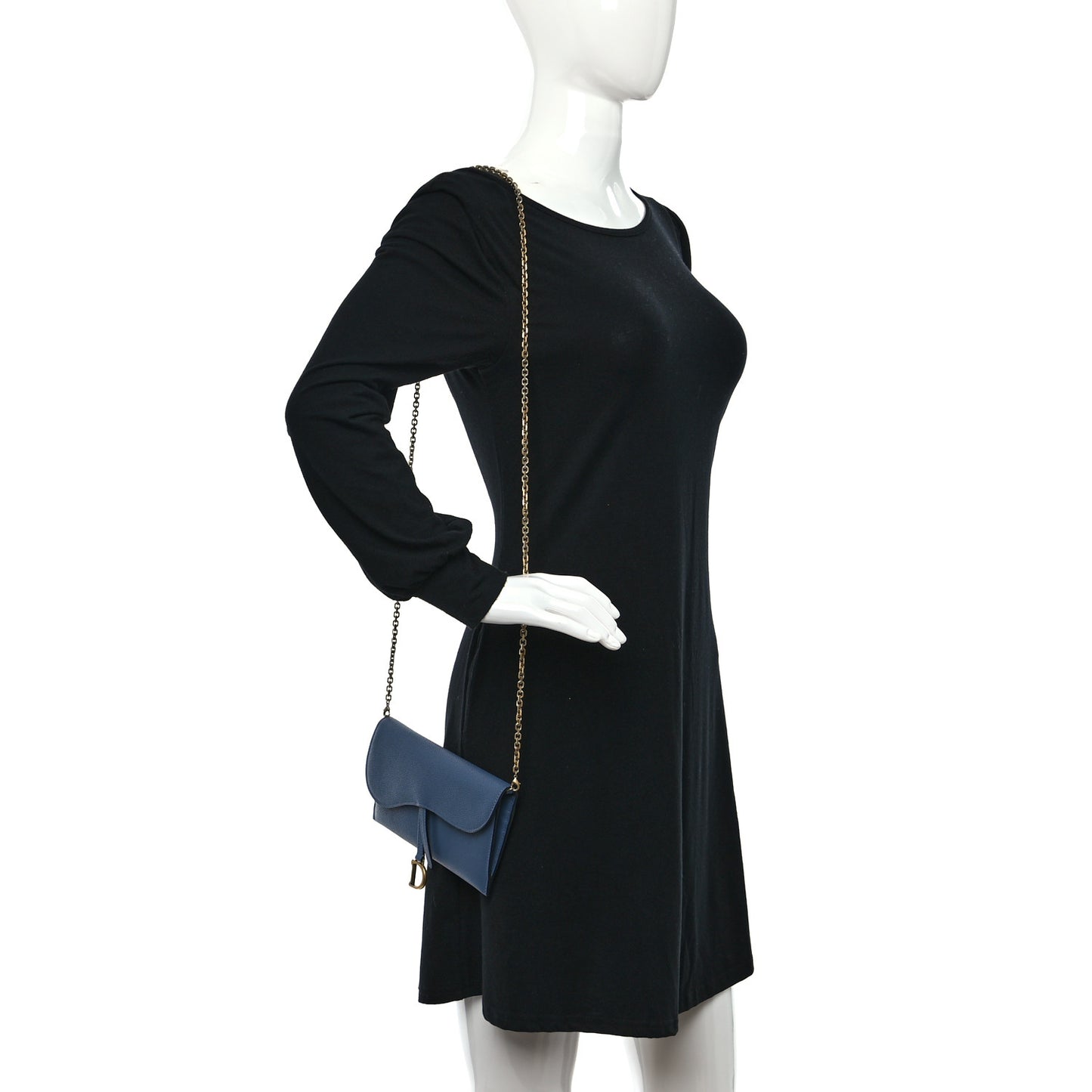 Grained Calfskin Saddle Chain Wallet Pouch Denim