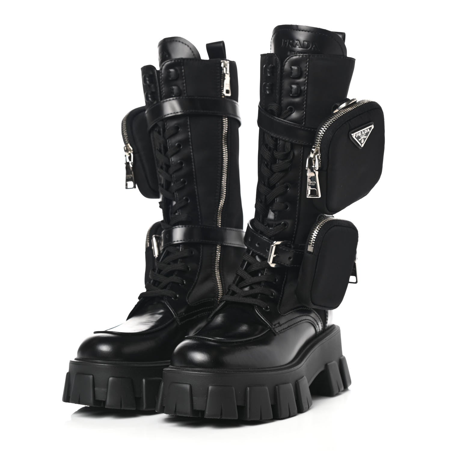 Prada Spazzolato Rois Re-Nylon Metal Triangle Logo Monolith Pouch Pocket 55mm Tall Combat Boots 36 Black 3 of 7