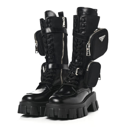 Prada Spazzolato Rois Re-Nylon Metal Triangle Logo Monolith Pouch Pocket 55mm Tall Combat Boots 36 Black 3 of 7