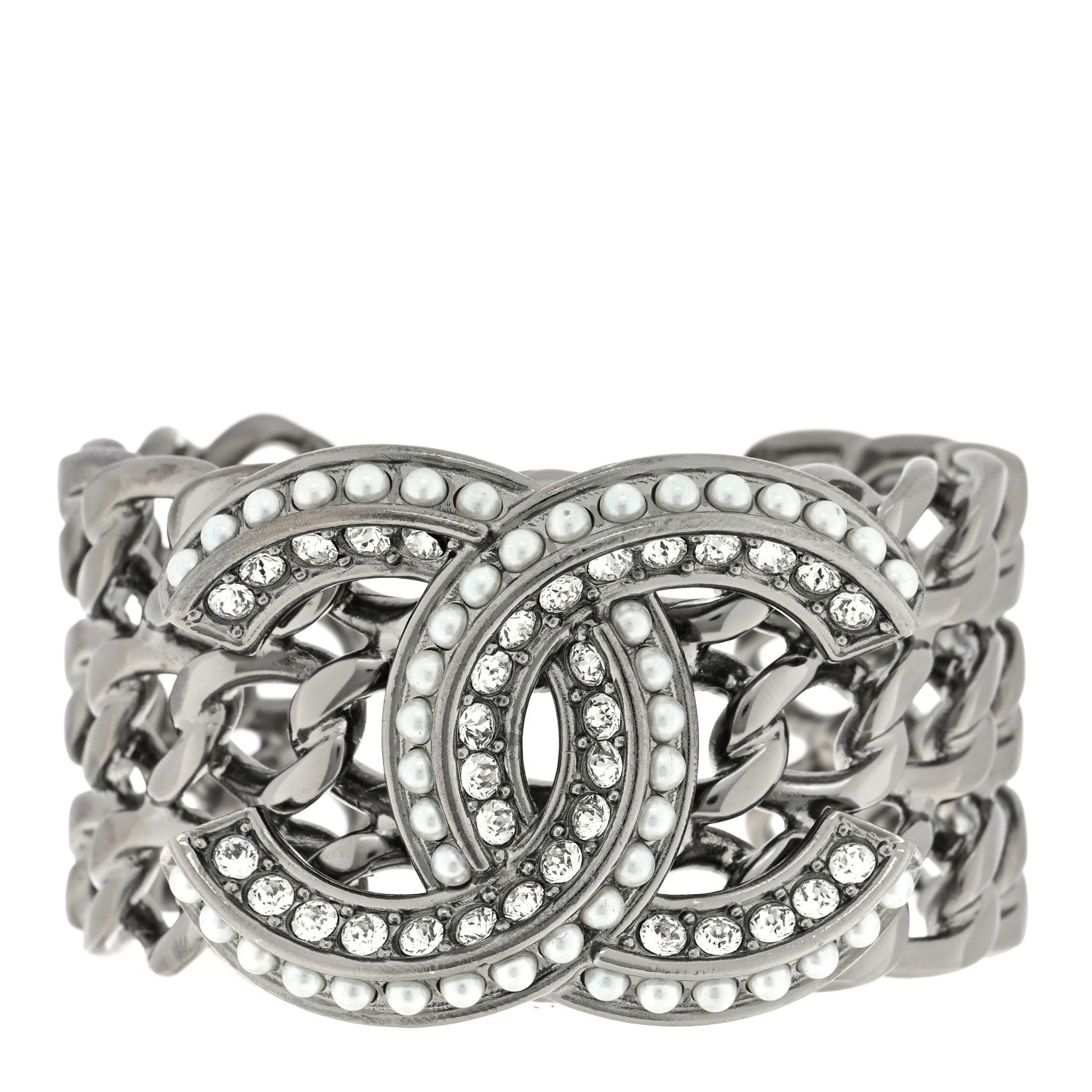 Chanel Metal Crystal Pearl Chain Mania CC Cuff Bracelet M Ruthenium 1 of 3