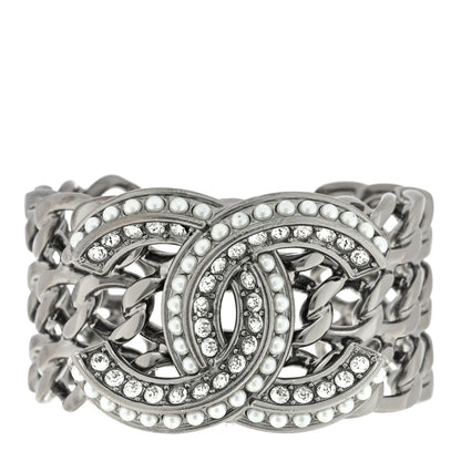 Chanel Metal Crystal Pearl Chain Mania CC Cuff Bracelet M Ruthenium 1 of 3