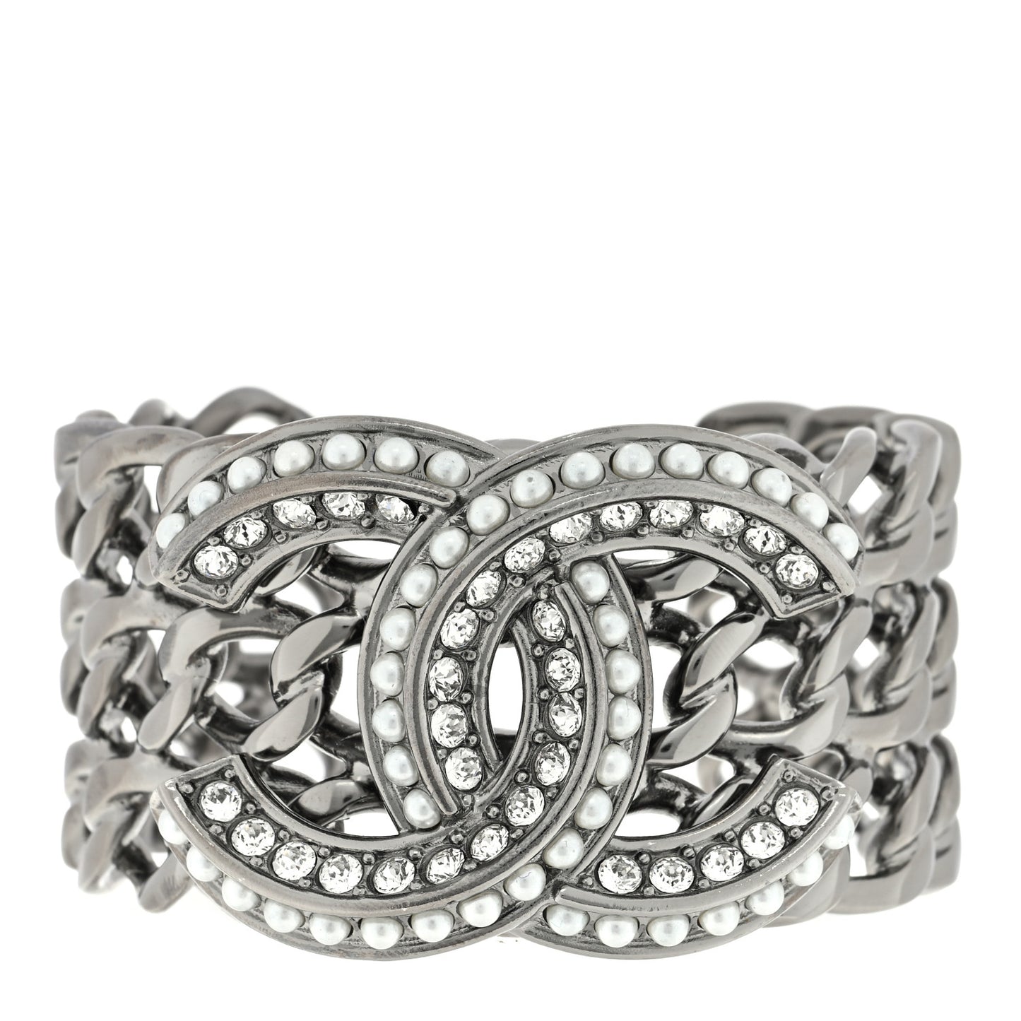 Metal Crystal Pearl Chain Mania CC Cuff Bracelet M Ruthenium
