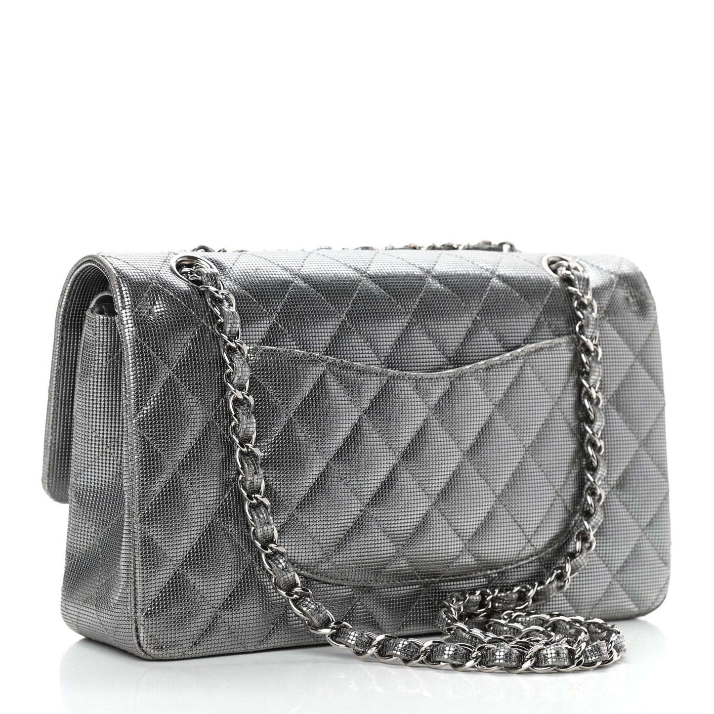 Calfskin Metallic Pixel Effect Medium Double Flap Silver