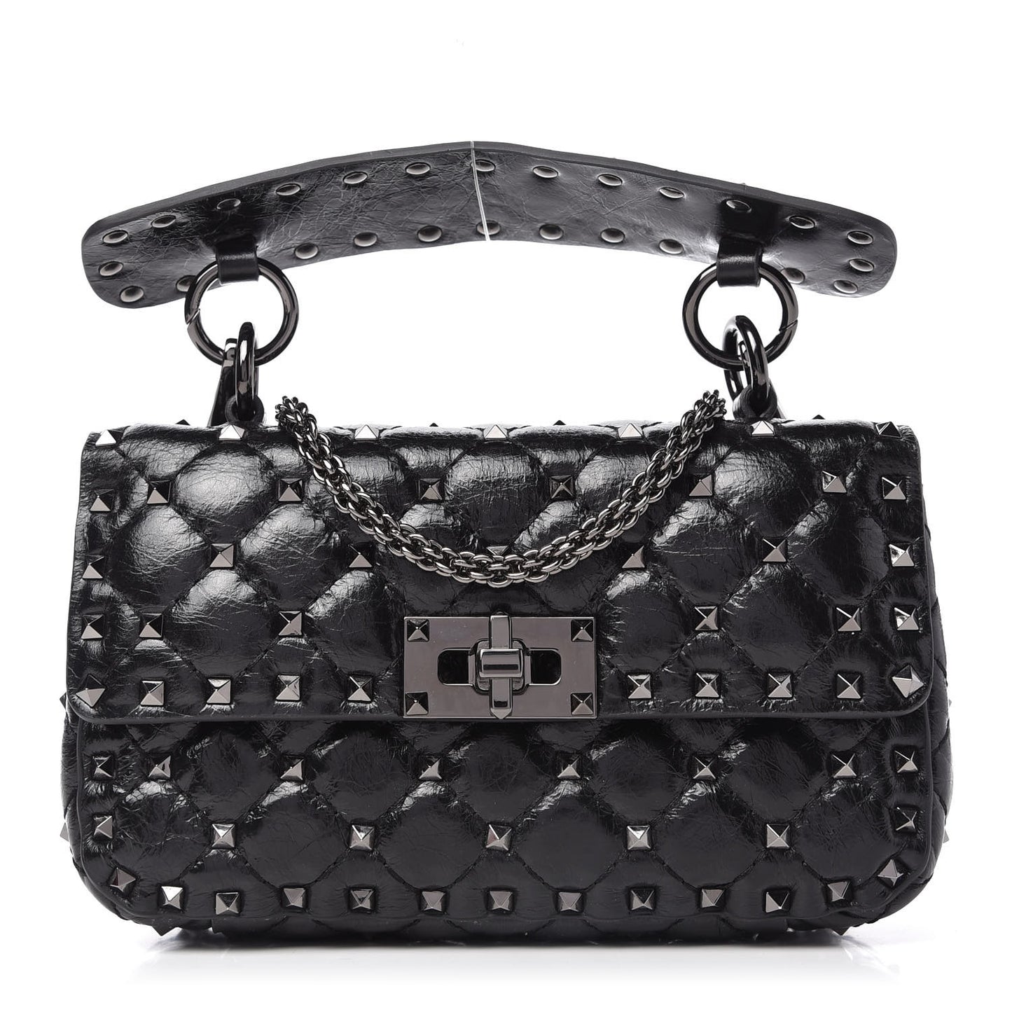 Craquele Nappa Small Rockstud Spike Shoulder Bag Black