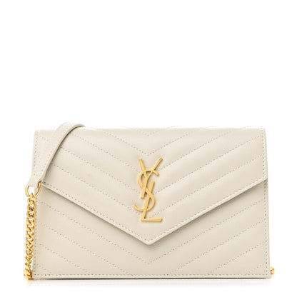 Saint Laurent Grain De Poudre Matelasse Chevron Monogram Envelope Chain Wallet Crema Soft 1 of 11