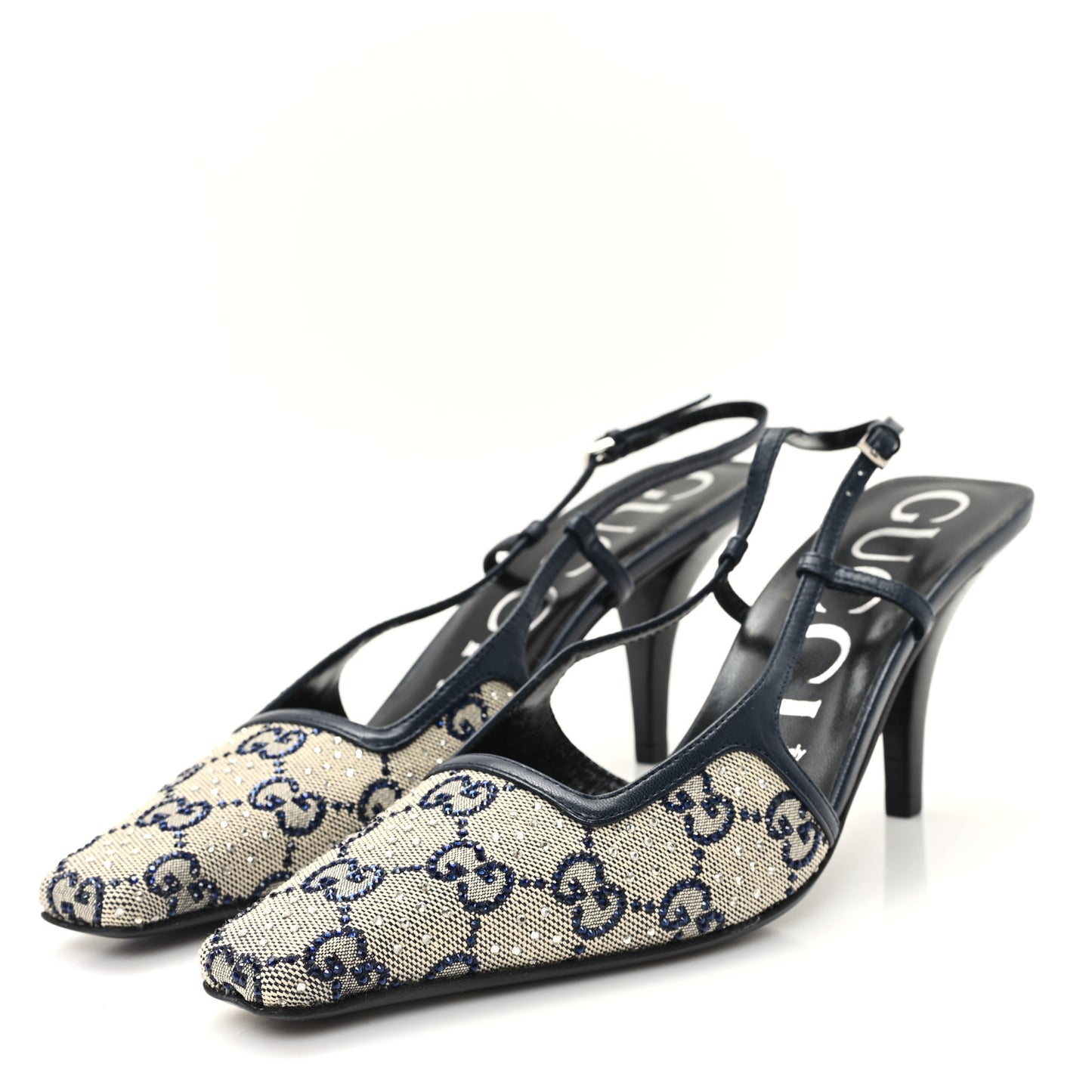 GG Monogram Malaga Kid Crystal Square G 75mm Slingback Pumps 38 Beige Blue