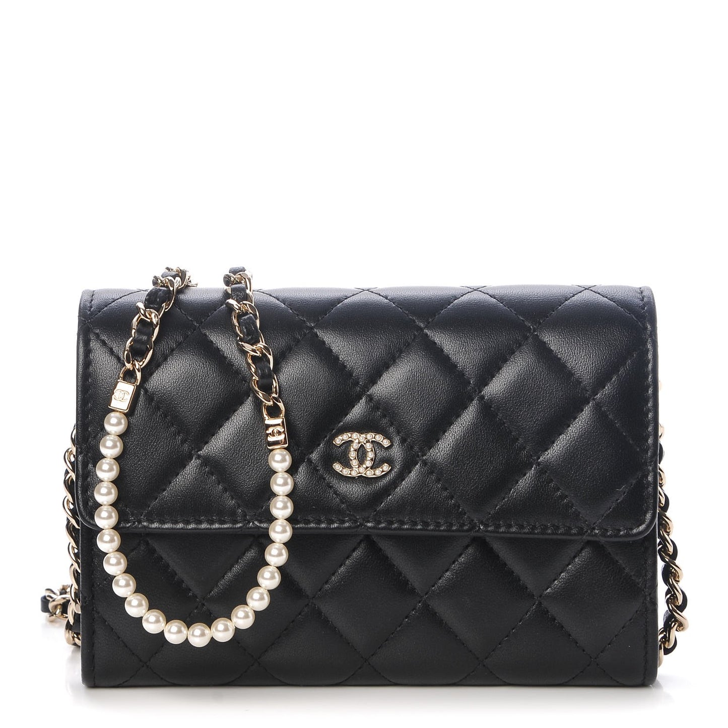 Lambskin Quilted Pearl Clutch With Chain Black