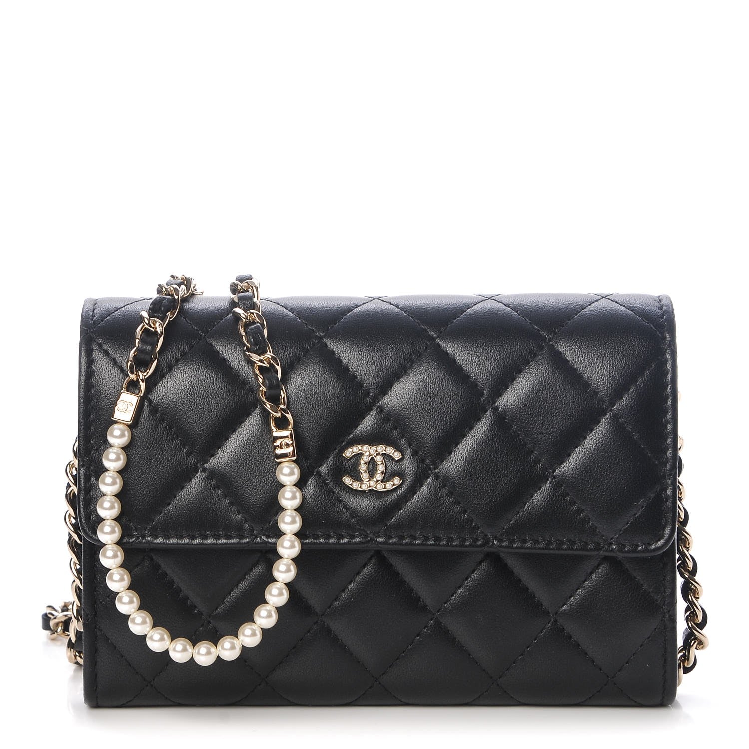 Chanel Lambskin Quilted Pearl Clutch With Chain Black 1 of 8
