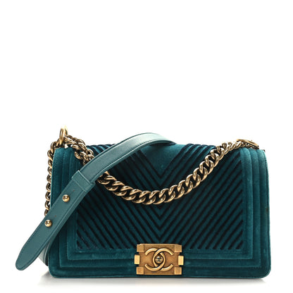 Chanel Velvet Chevron Quilted Medium Boy Flap Peacock Blue 1 of 9
