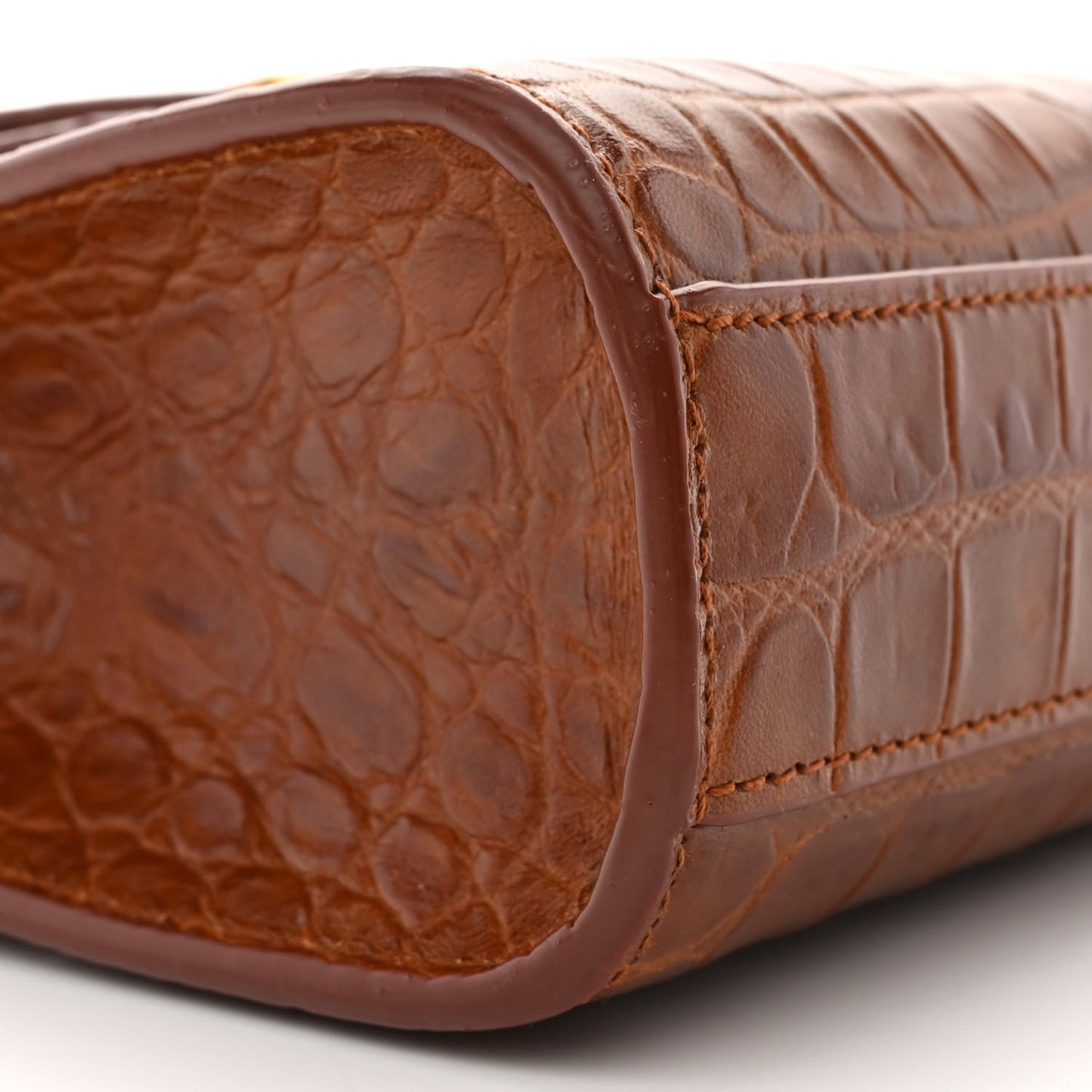 Shiny Calfskin Crocodile Embossed Small Manhattan Baguette Dark Caramel