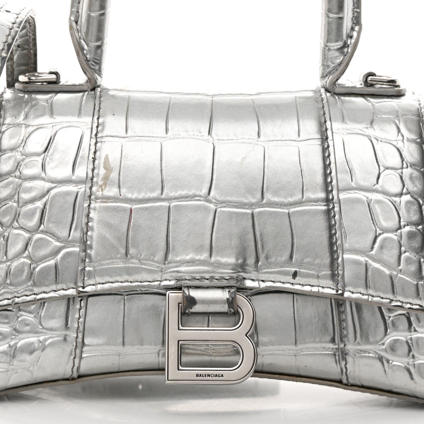 Metallic Calfskin Crocodile Embossed Hourglass Top Handle Bag XS Silver