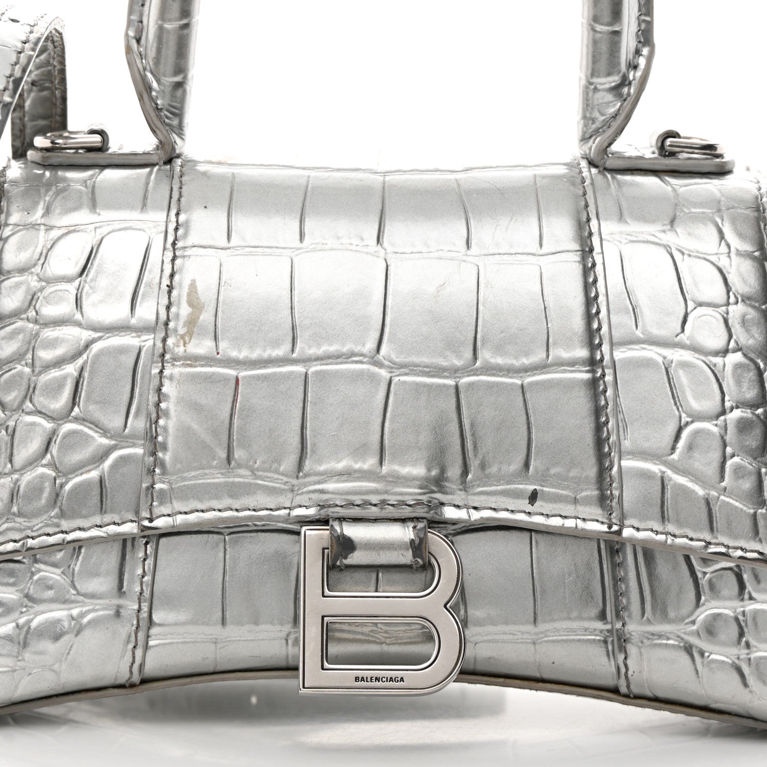 Balenciaga Metallic Calfskin Crocodile Embossed Hourglass Top Handle Bag XS Silver 8 of 27
