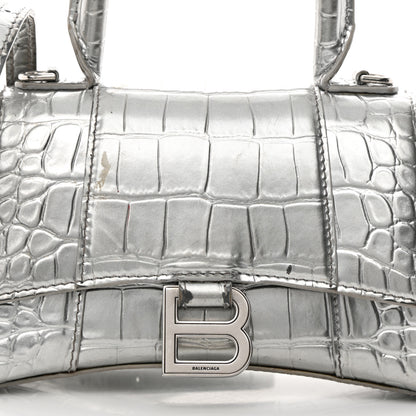 Balenciaga Metallic Calfskin Crocodile Embossed Hourglass Top Handle Bag XS Silver 8 of 27