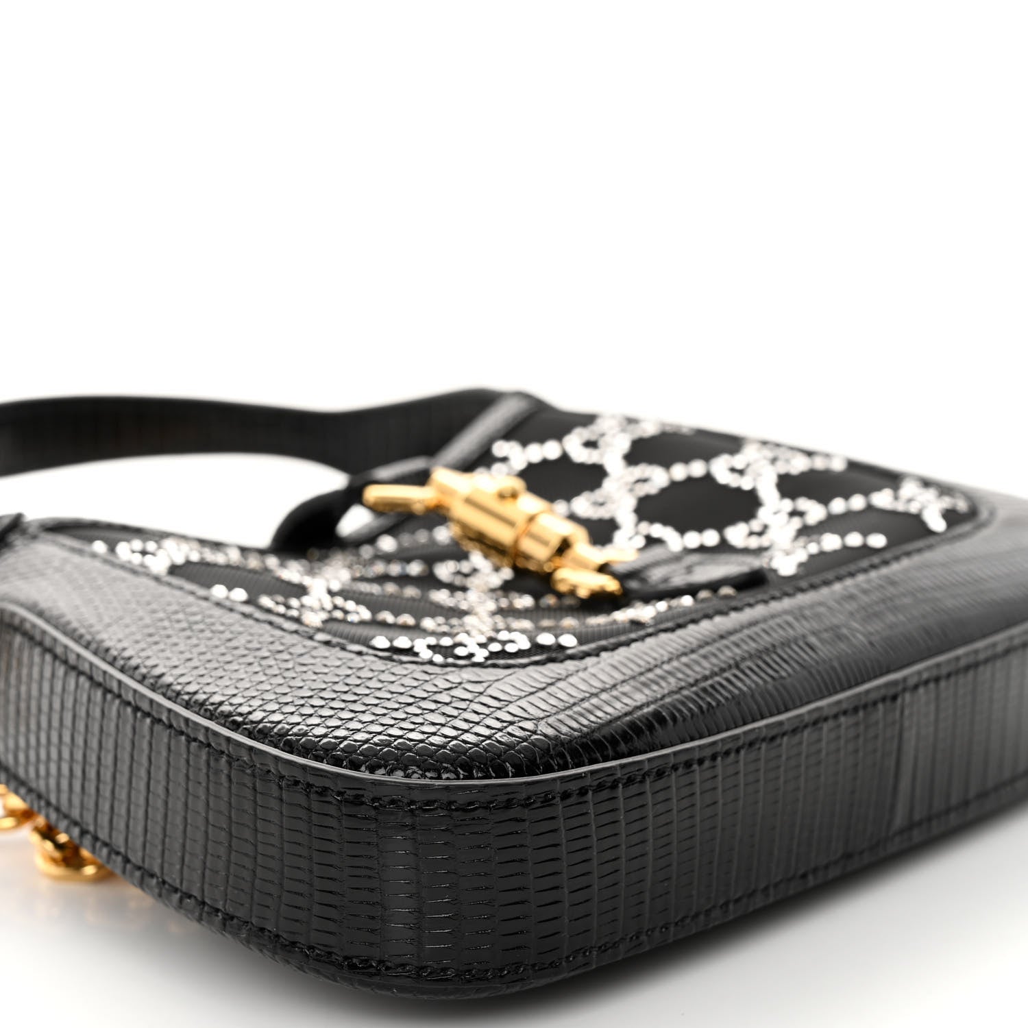 Gucci Lizard Mesh Crystal GG Monogram Mini Jackie 1961 Hobo Black 9 of 10