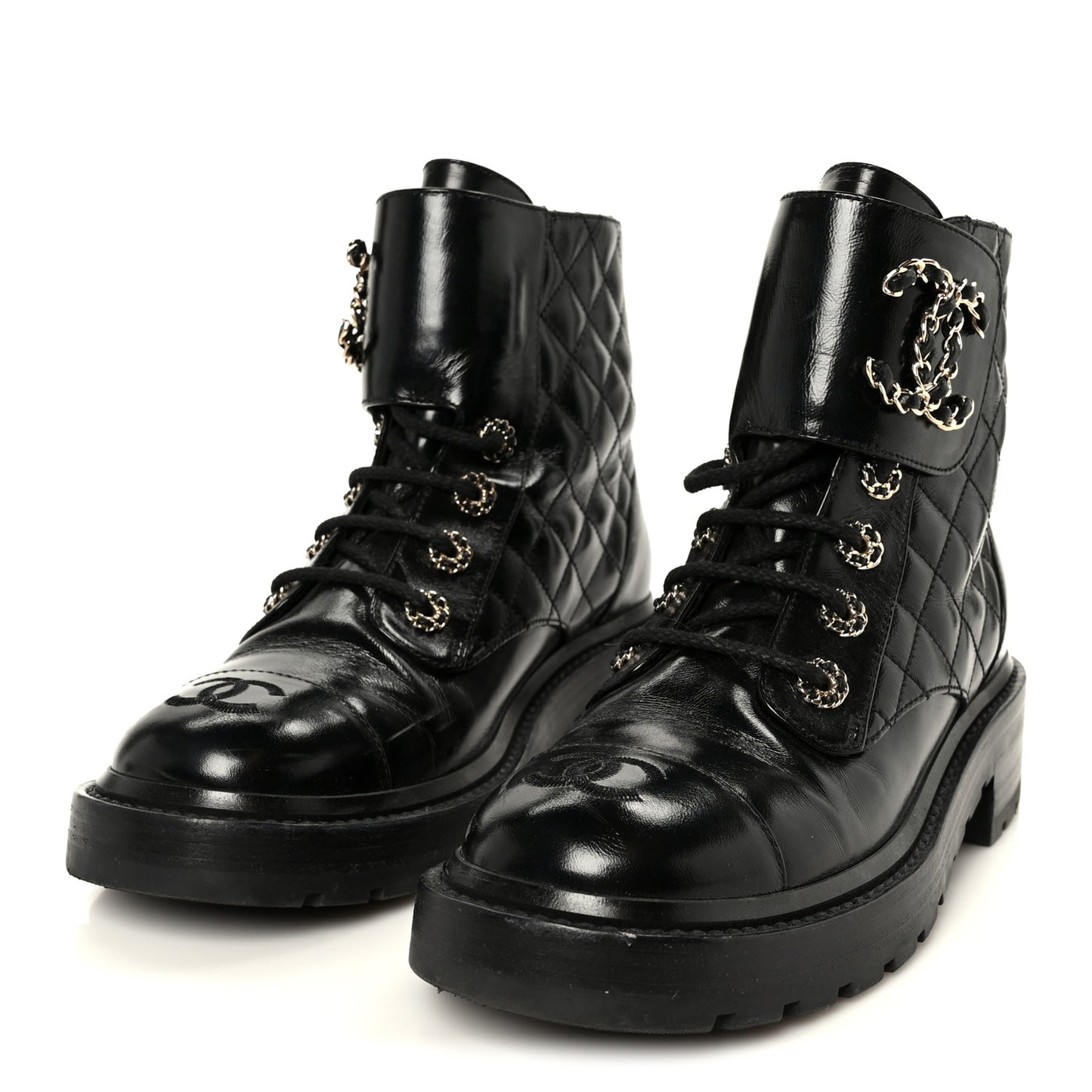 Shiny Calfskin Quilted Lace Up Combat Boots 37 Black