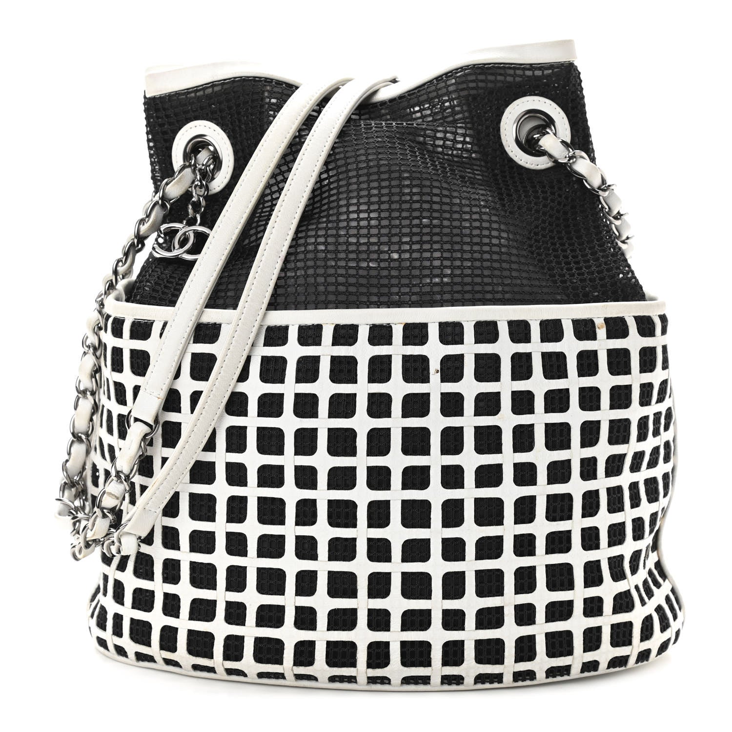 Chanel Calfskin Mesh Chain Bucket Bag Black White 1 of 17