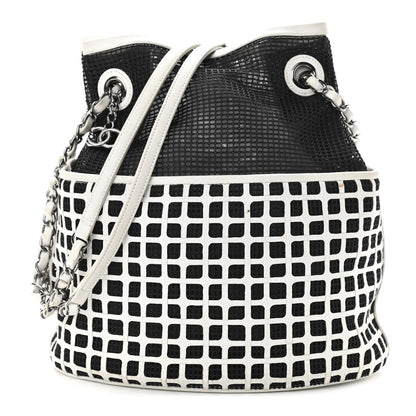 Chanel Calfskin Mesh Chain Bucket Bag Black White 1 of 17