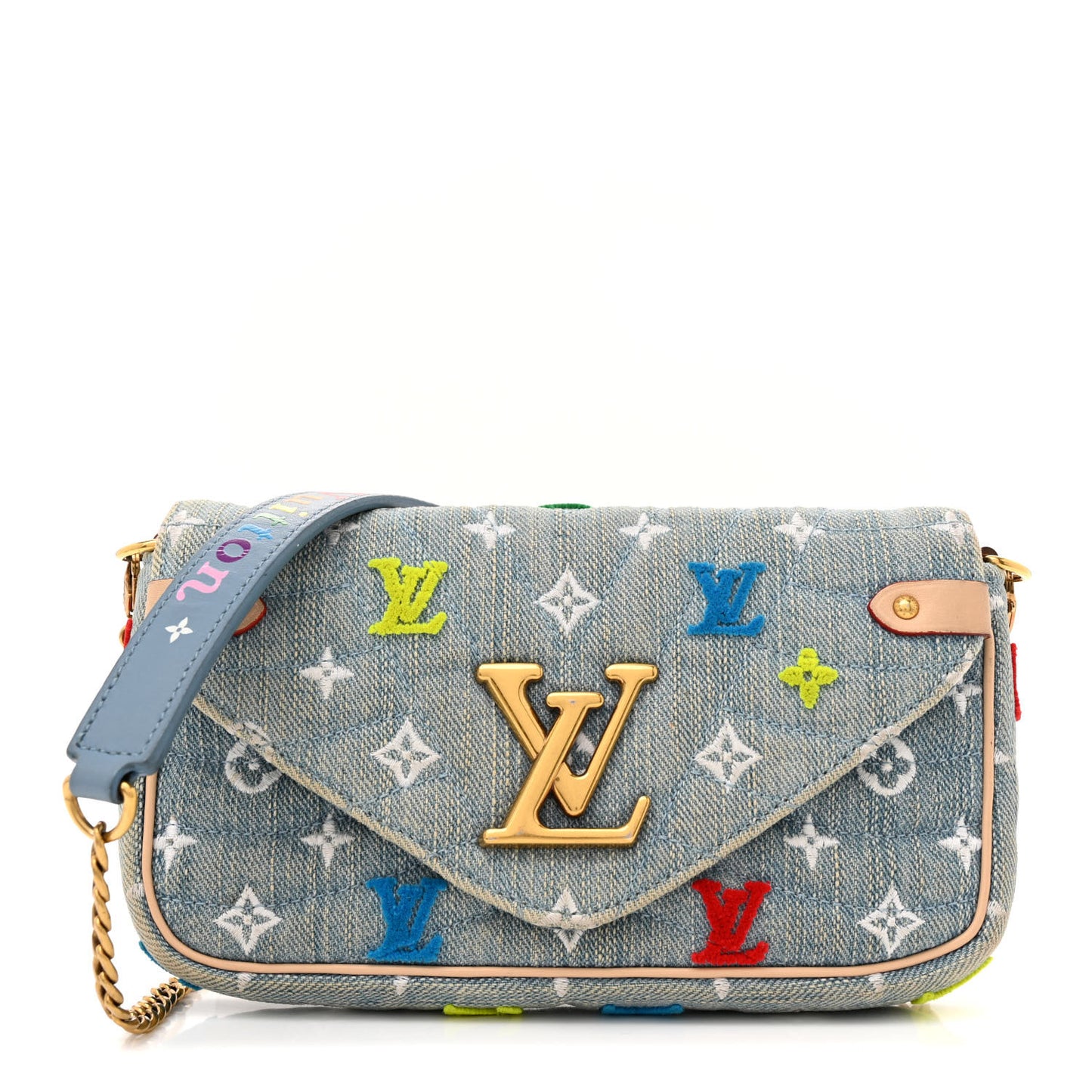 Embroidered Monogram Denim New Wave Chain Pochette Blue