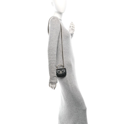 Chanel Lambskin Quilted Pearl Top Handle Clutch With Chain Black 2 of 12