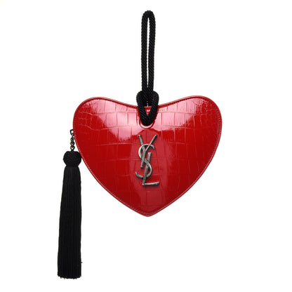 Saint Laurent Patent Crocodile Embossed Sac Coeur Heart Shaped Clutch Red 2 of 15