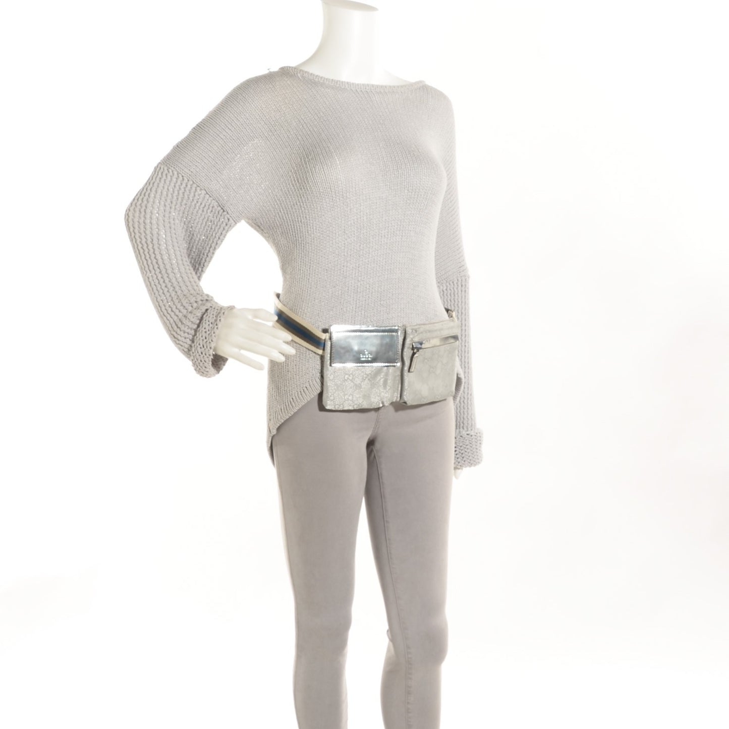 GG Monogram Web Double Pocket Belt Bag Silver