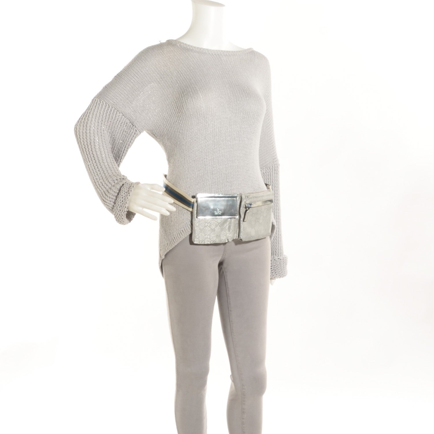 Gucci GG Monogram Web Double Pocket Belt Bag Silver 2 of 7