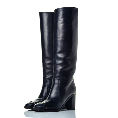 Chanel Calfskin CC Cap Toe Knee High Boots 37.5 Black 3 of 9
