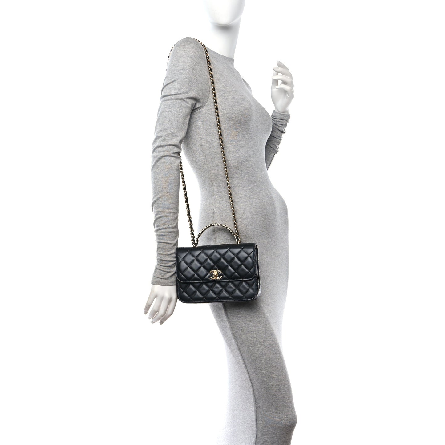 Shiny Calfskin Quilted Small Metal Chain Top Handle Flap Black