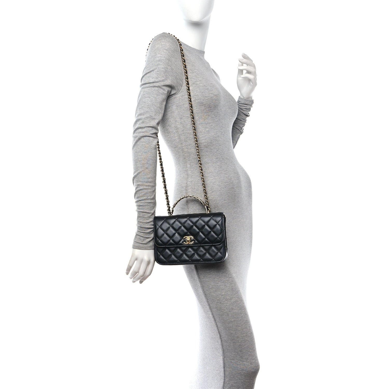 Chanel Shiny Calfskin Quilted Small Metal Chain Top Handle Flap Black 2 of 11
