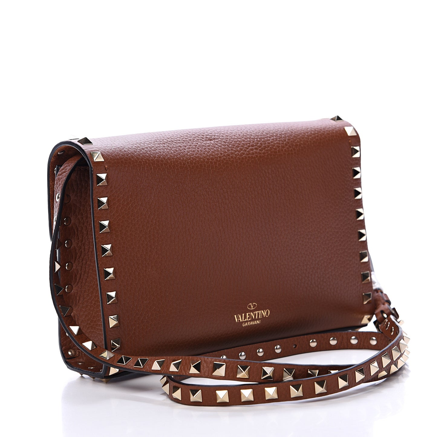 Pebbled Calfskin Medium Rockstud Flip Lock Crossbody Bag Saddle Brown