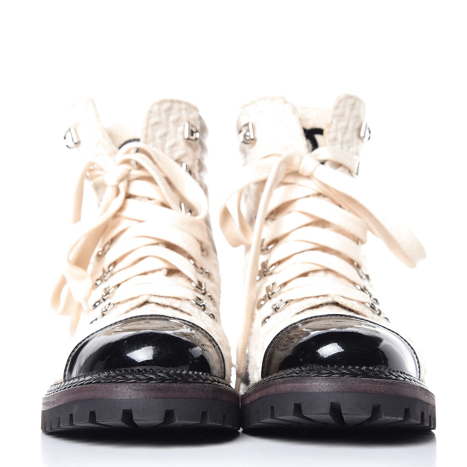 Chanel Tweed Patent Lambskin Quilted Lace Up Boots 38.5 Ivory Black 2 of 22