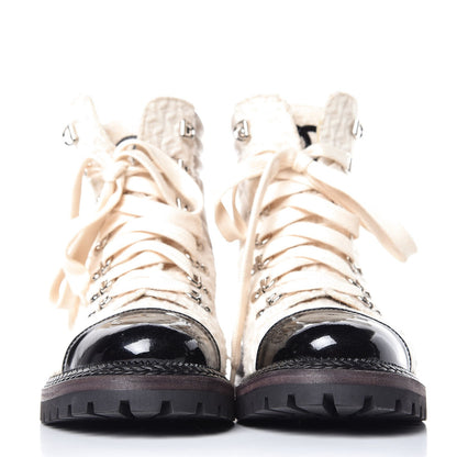 Chanel Tweed Patent Lambskin Quilted Lace Up Boots 38.5 Ivory Black 2 of 22
